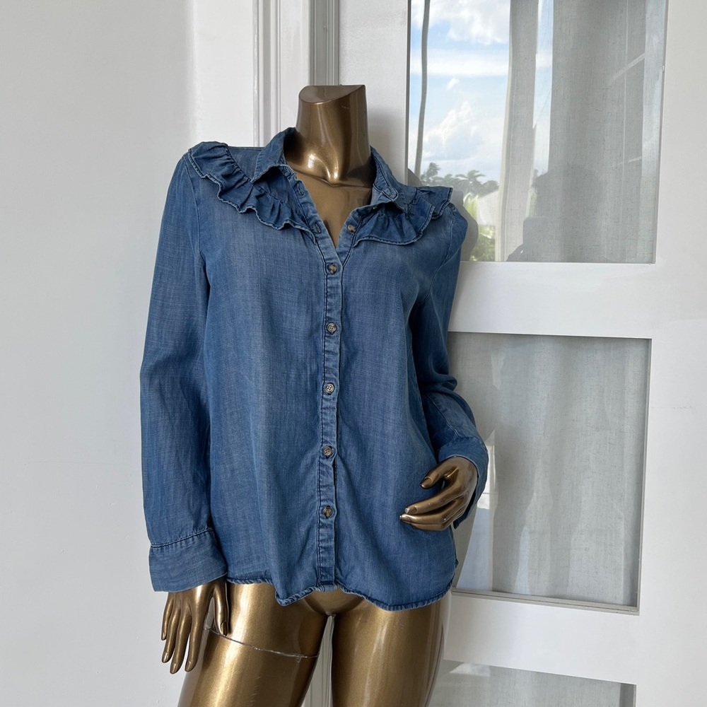 Aqua Blue Ruffle Button-Down Shirt